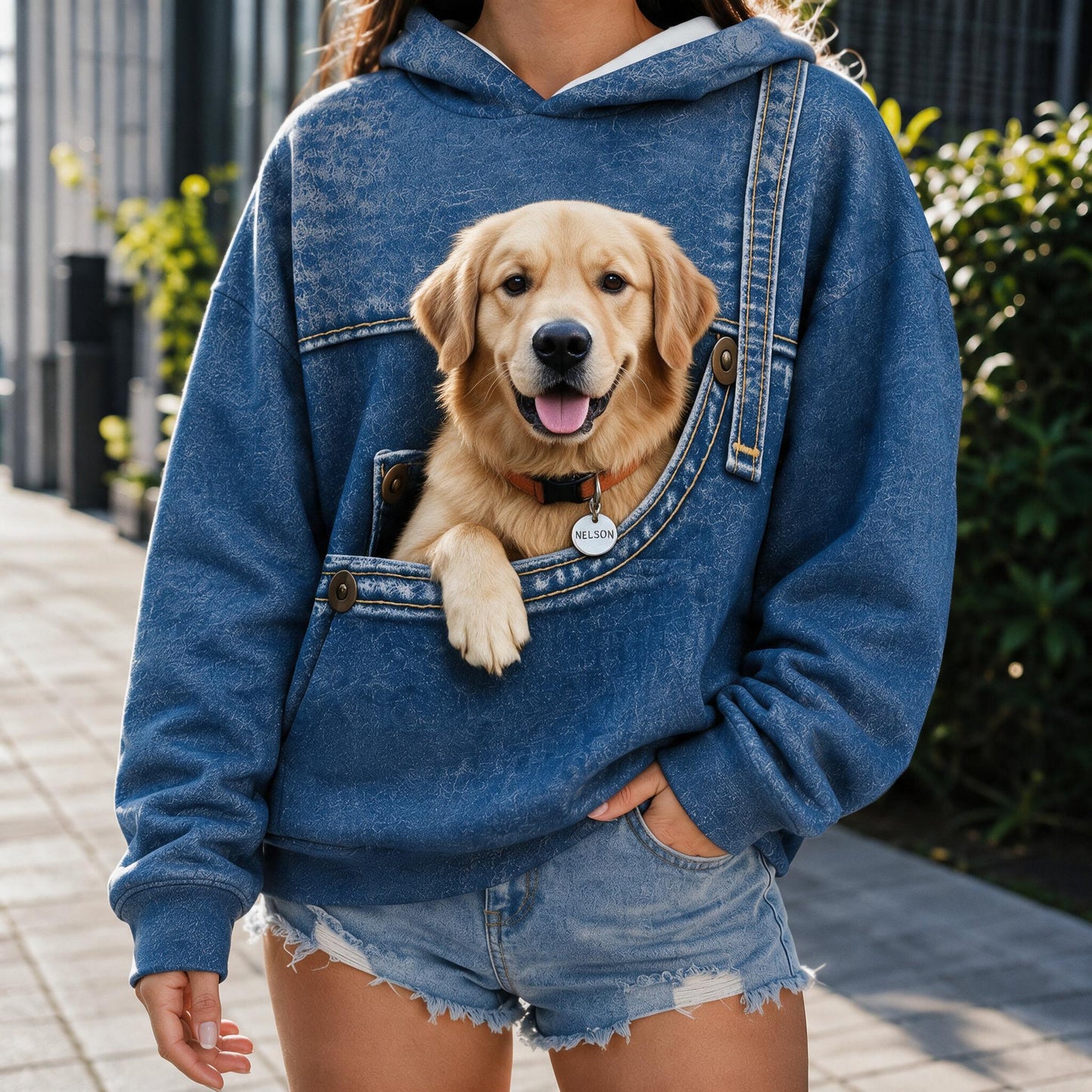 Personalized Smiling Golden Retriever Pocket Print Hoodie, Unique Gift for Dog Owner Pet Lover
