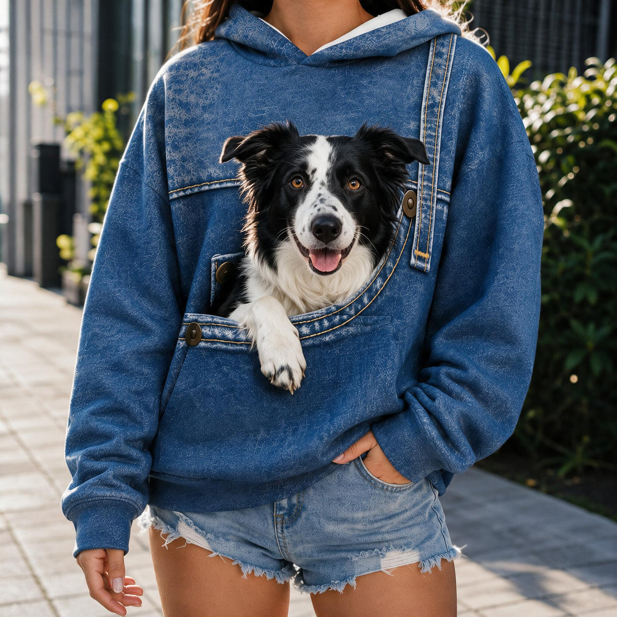 Cute Border Collie Faux Pocket Print Hoodie, Personalized Gift for Border Collie Owner Dog Pet Lover