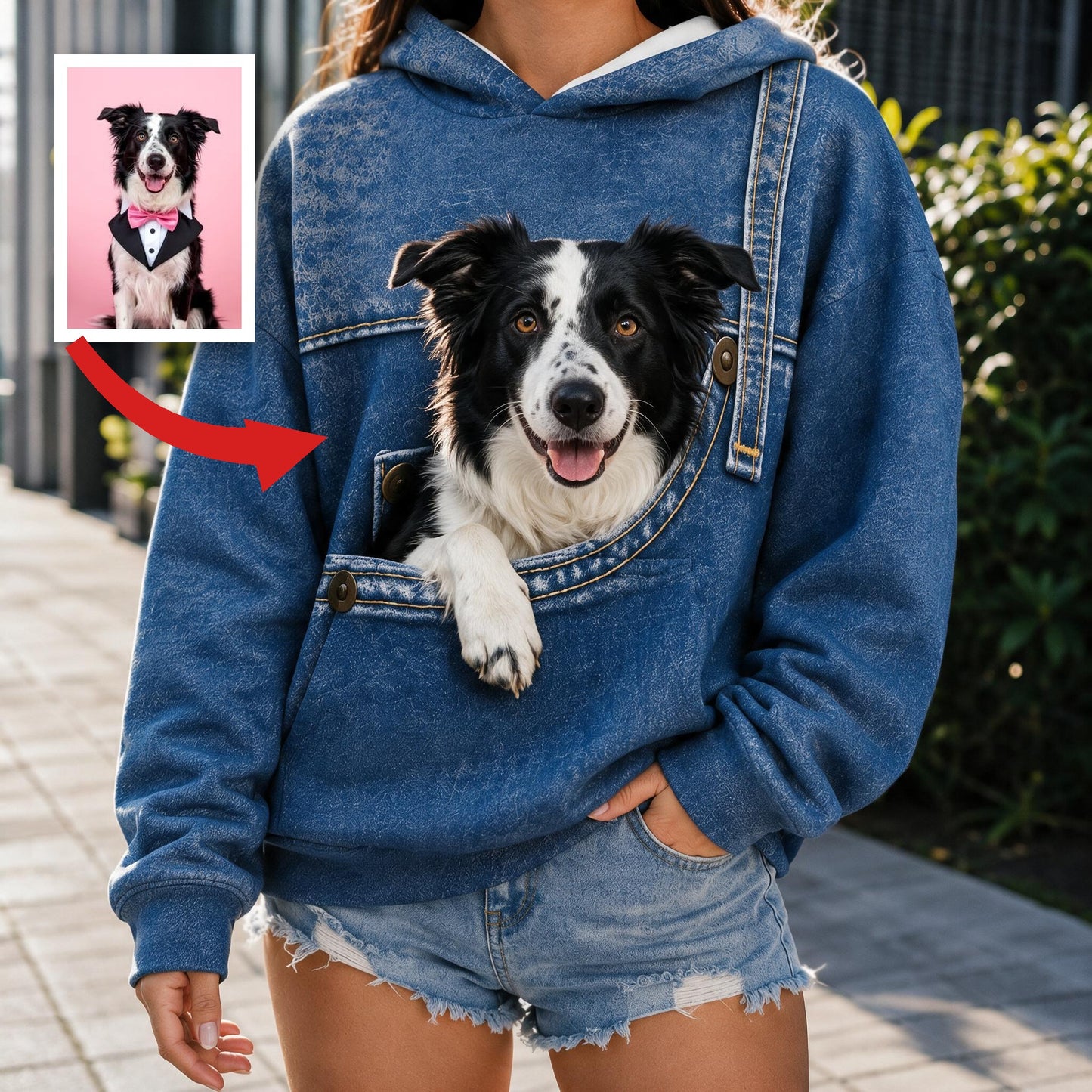 Cute Border Collie Faux Pocket Print Hoodie, Personalized Gift for Border Collie Owner Dog Pet Lover