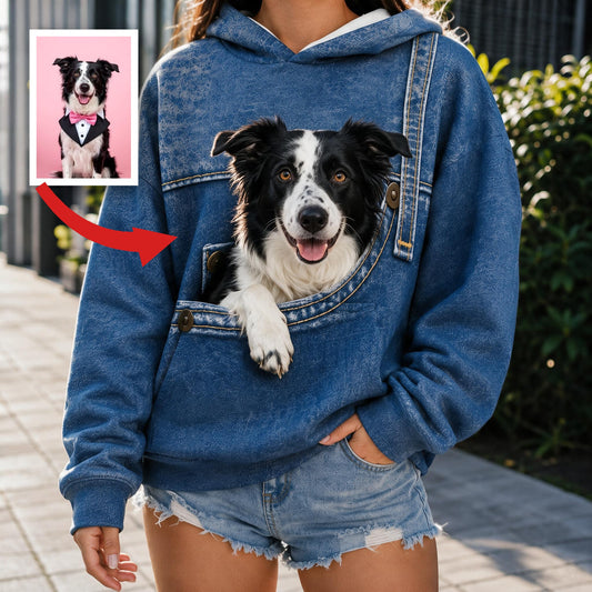 Niedlicher Border Collie Faux Pocket Print Hoodie, Personalisierbares Geschenk für Border Collie Besitzer