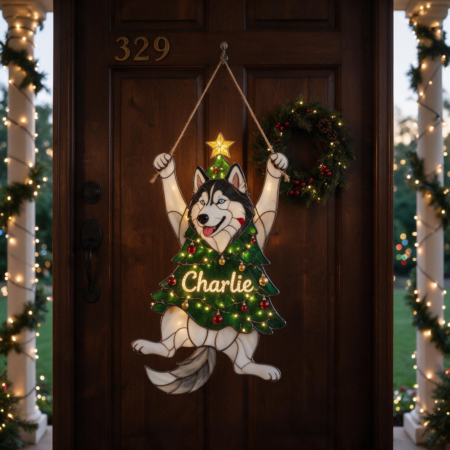 Personalisierte Verspielte Sibirische Husky Weihnachtsbaum LED Acrylschild - Festliches Geschenk für Hundeliebhaber