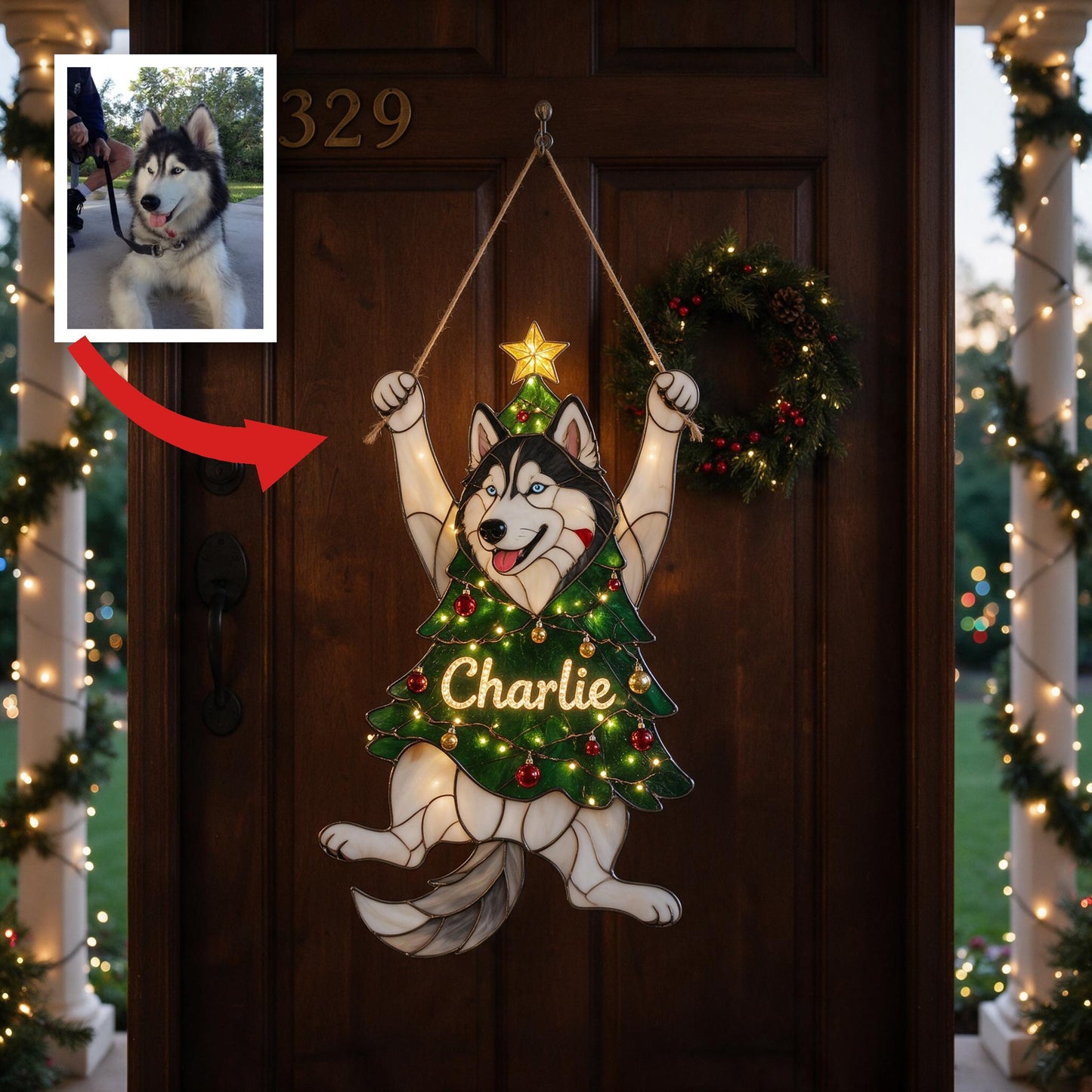 Personalisierte Verspielte Sibirische Husky Weihnachtsbaum LED Acrylschild - Festliches Geschenk für Hundeliebhaber