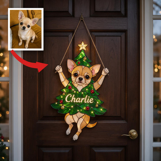 Fröhliches Clinger Personalisiertes Tan Chihuahua Weihnachts-LED-Acrylschild, Individuelles Geschenk für Chihuahua-Liebhaber