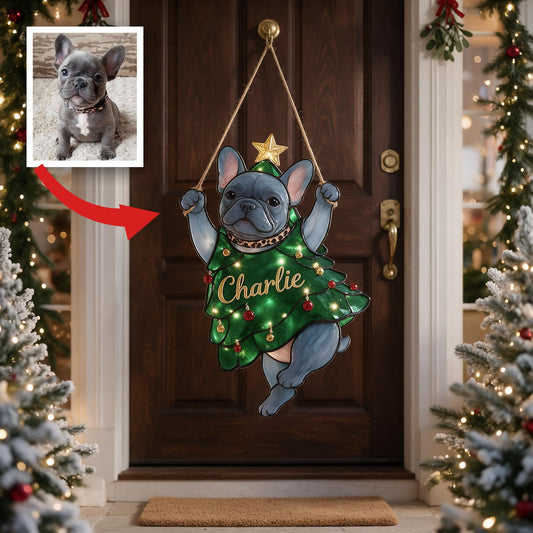 Personalisierte blaue Französische Bulldogge Weihnachtsbaum LED Acrylschild | Individuelles Geschenk für Hundeliebhaber