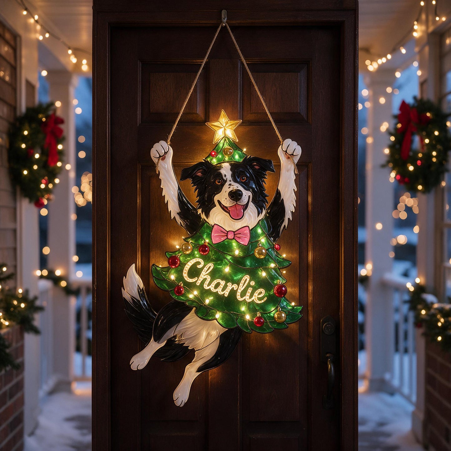 Personalisierte Schwarz-Weiß Border Collie Weihnachts-LED-Acrylschild, süßes Geschenk für Hundeliebhaber