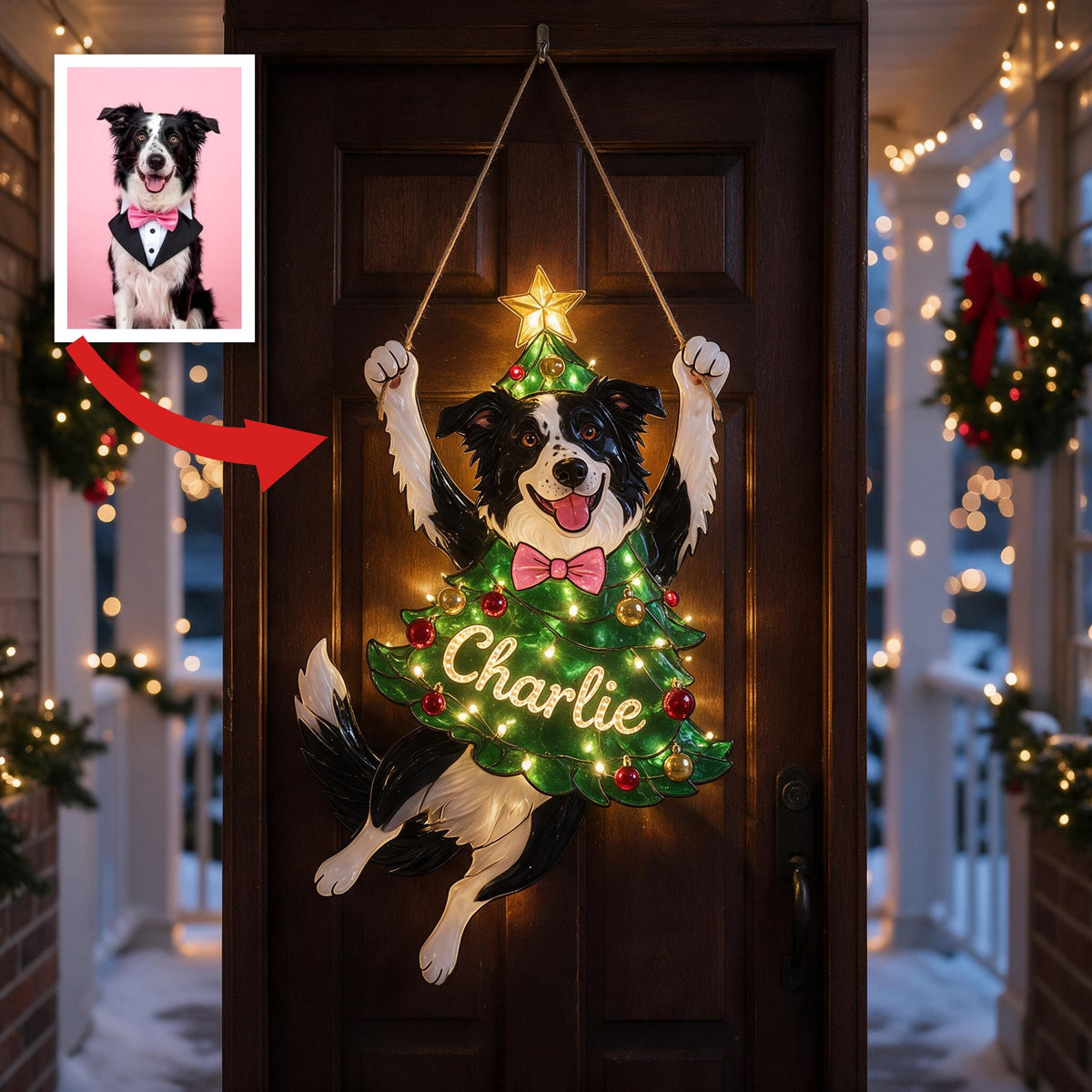 Personalisierte Schwarz-Weiß Border Collie Weihnachts-LED-Acrylschild, süßes Geschenk für Hundeliebhaber