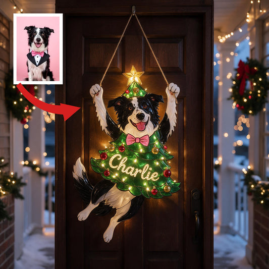 Personalisierte Schwarz-Weiß Border Collie Weihnachts-LED-Acrylschild, süßes Geschenk für Hundeliebhaber