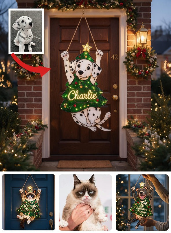 Cute Personalized Spotted Dalmatian Christmas LED Acrylic Sign, Festive Hanging Holiday Door Decor Dog Lover Gift