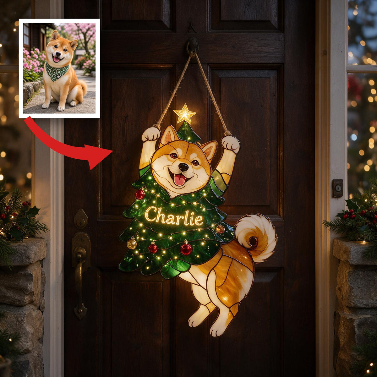 Merry Little Clinger Personalized Akita Inu Christmas Tree LED Acrylic Sign, Dog Lover Holiday Home Decor Gift