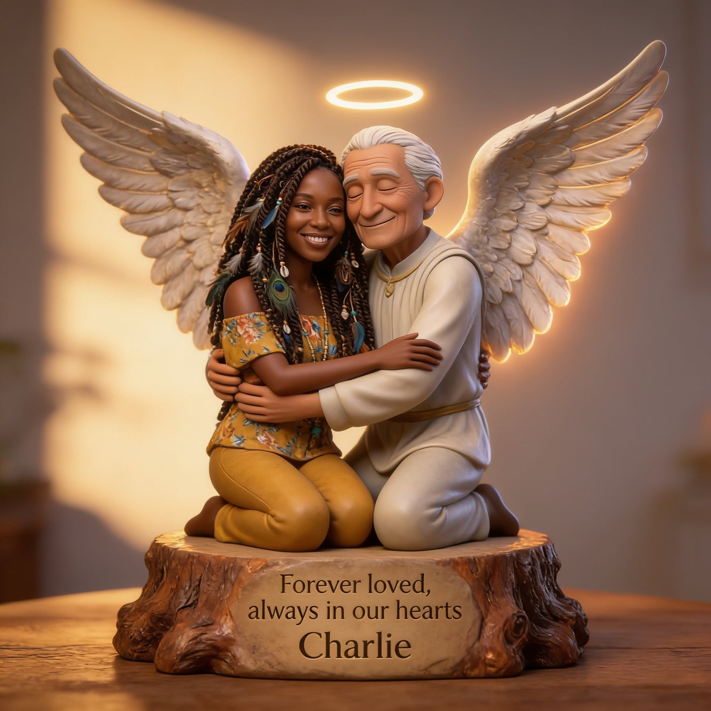 Personalized Hugging Black Angel Memorial Acrylic LED Night Light - Custom Sympathy Remembrance Keepsake Home Decor Gift