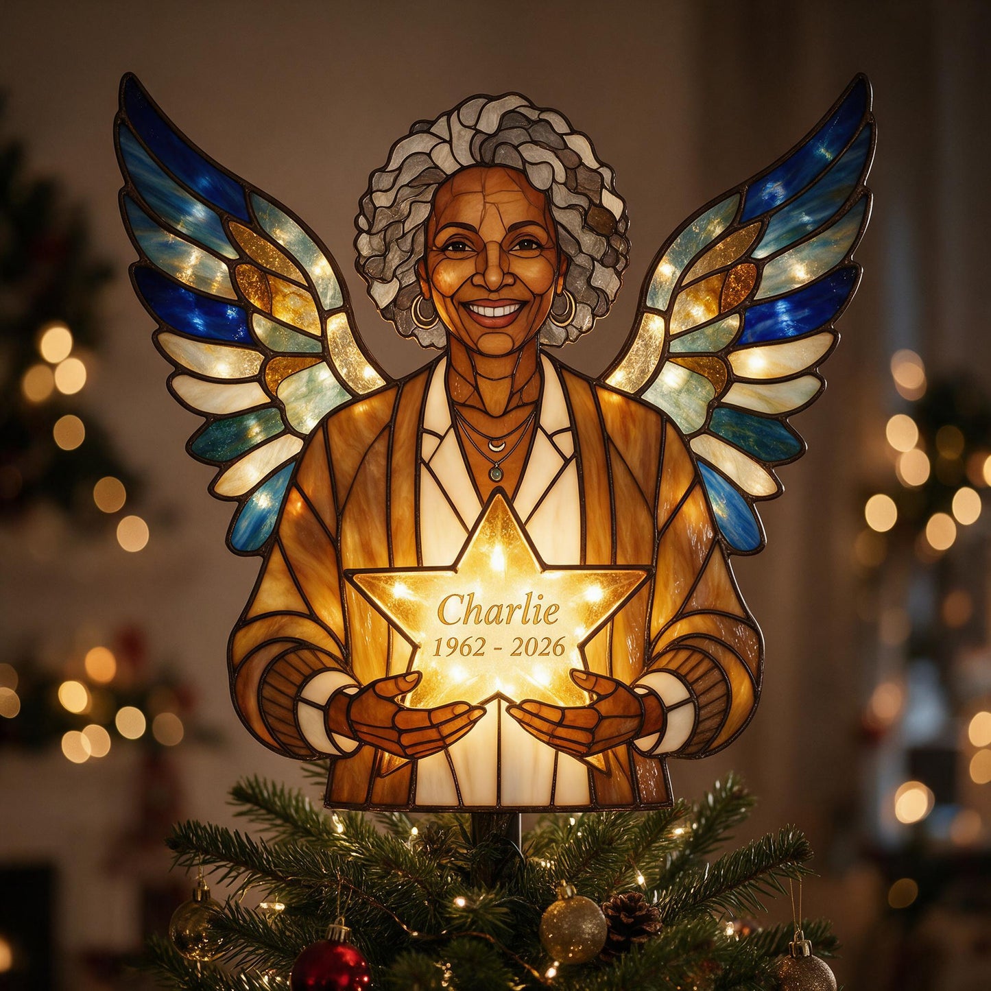 Personalized Beloved Black Mom Memorial Angel LED Light Christmas Tree Topper, Stained Glass Remembrance Holiday Decor