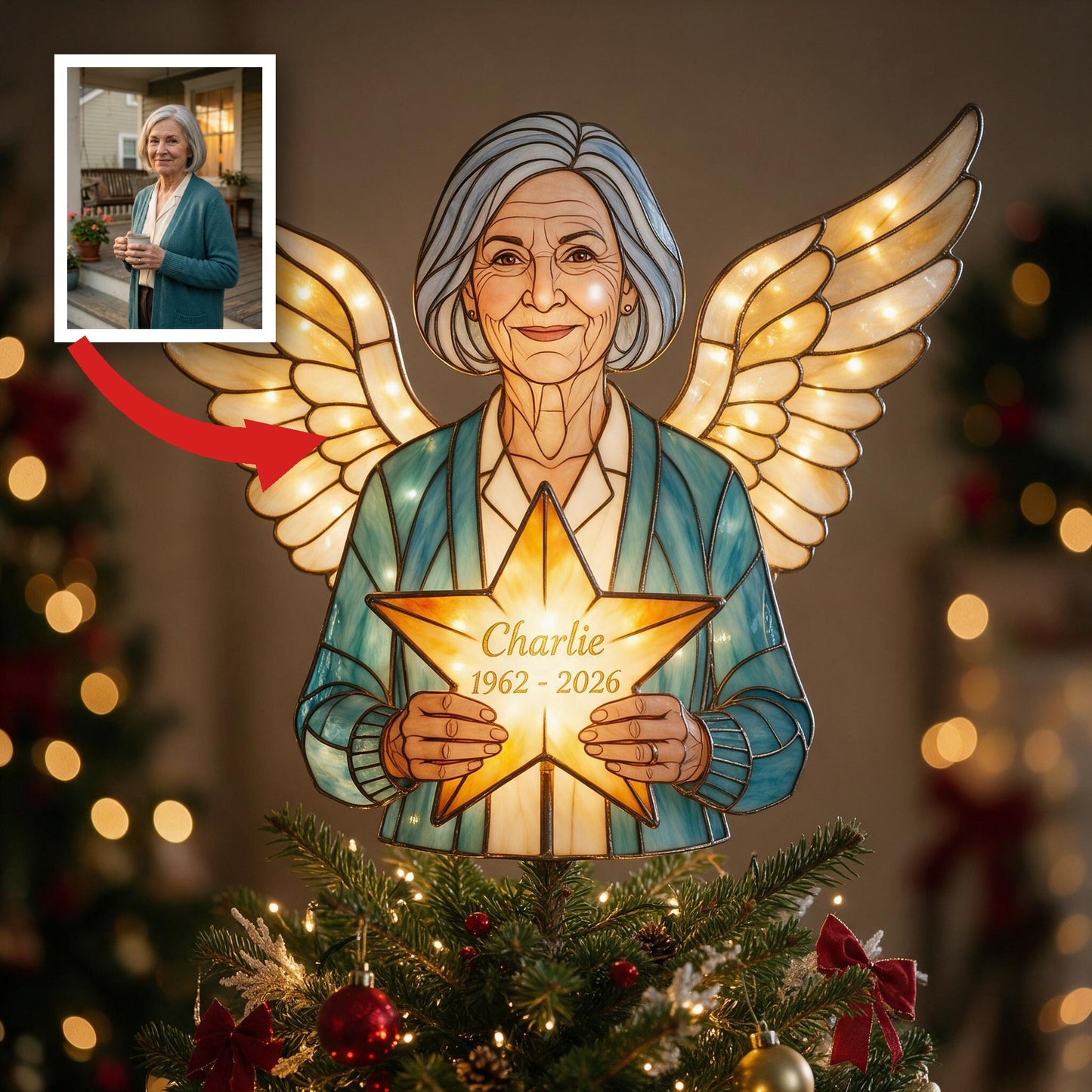 Personalized Mom Angel Memorial LED Christmas Tree Topper, Stained Glass Style Remembrance Holiday Decor Gift