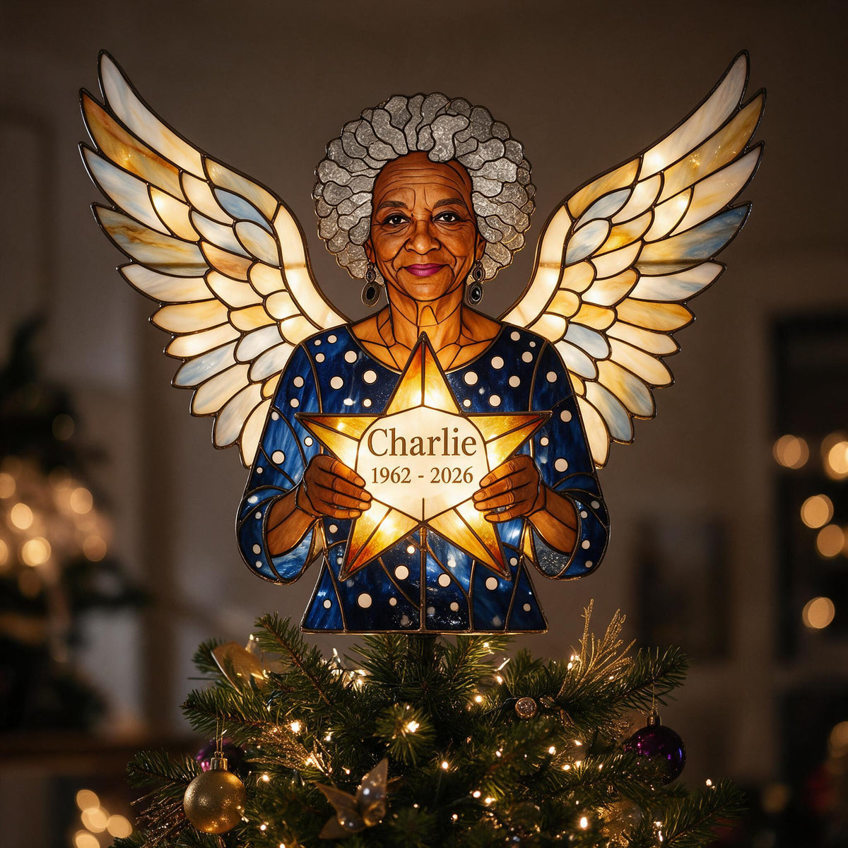 Personalized Black Grandma Memorial Angel LED Christmas Tree Topper Custom Remembrance Holiday Keepsake Gift