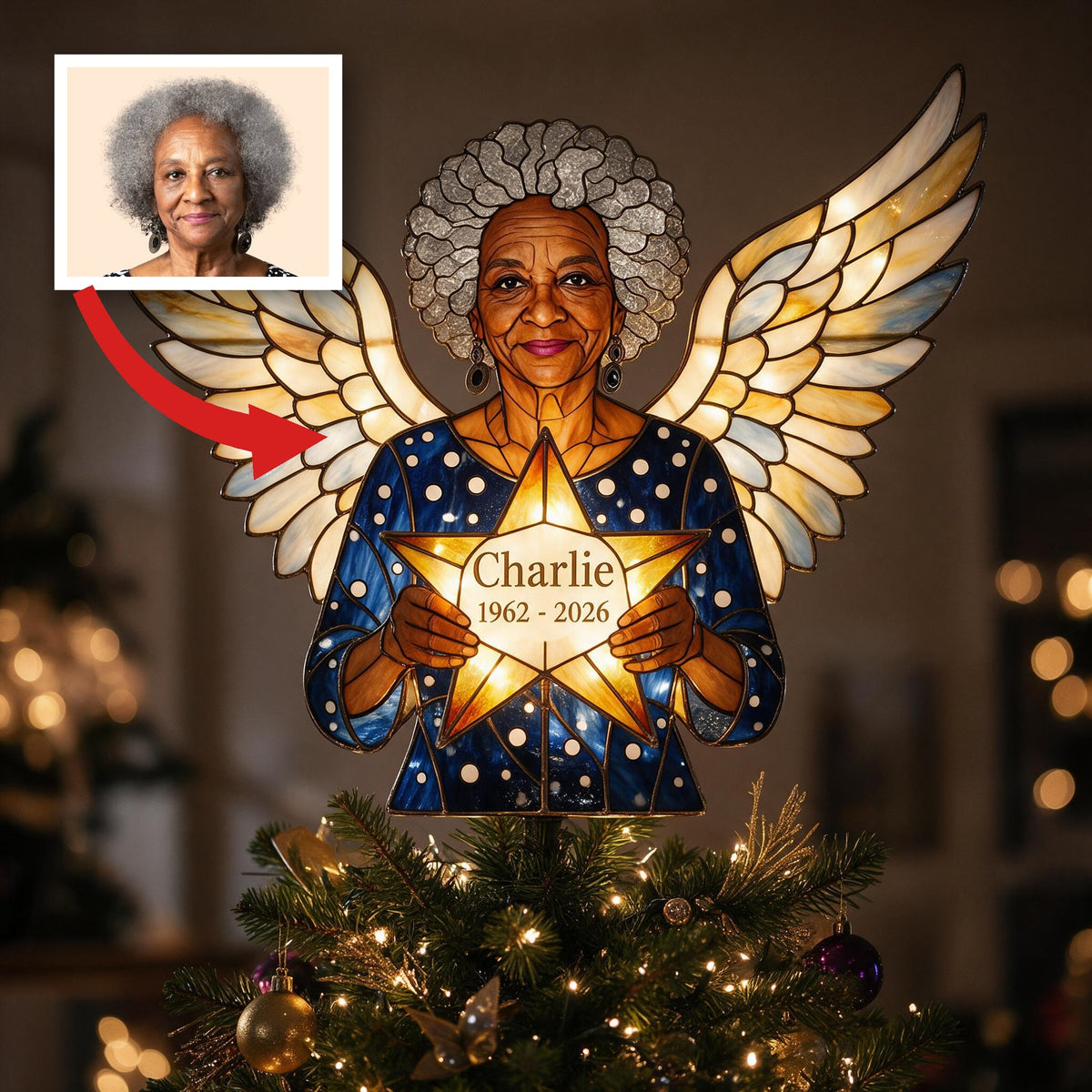 Personalized Black Grandma Memorial Angel LED Christmas Tree Topper Custom Remembrance Holiday Keepsake Gift
