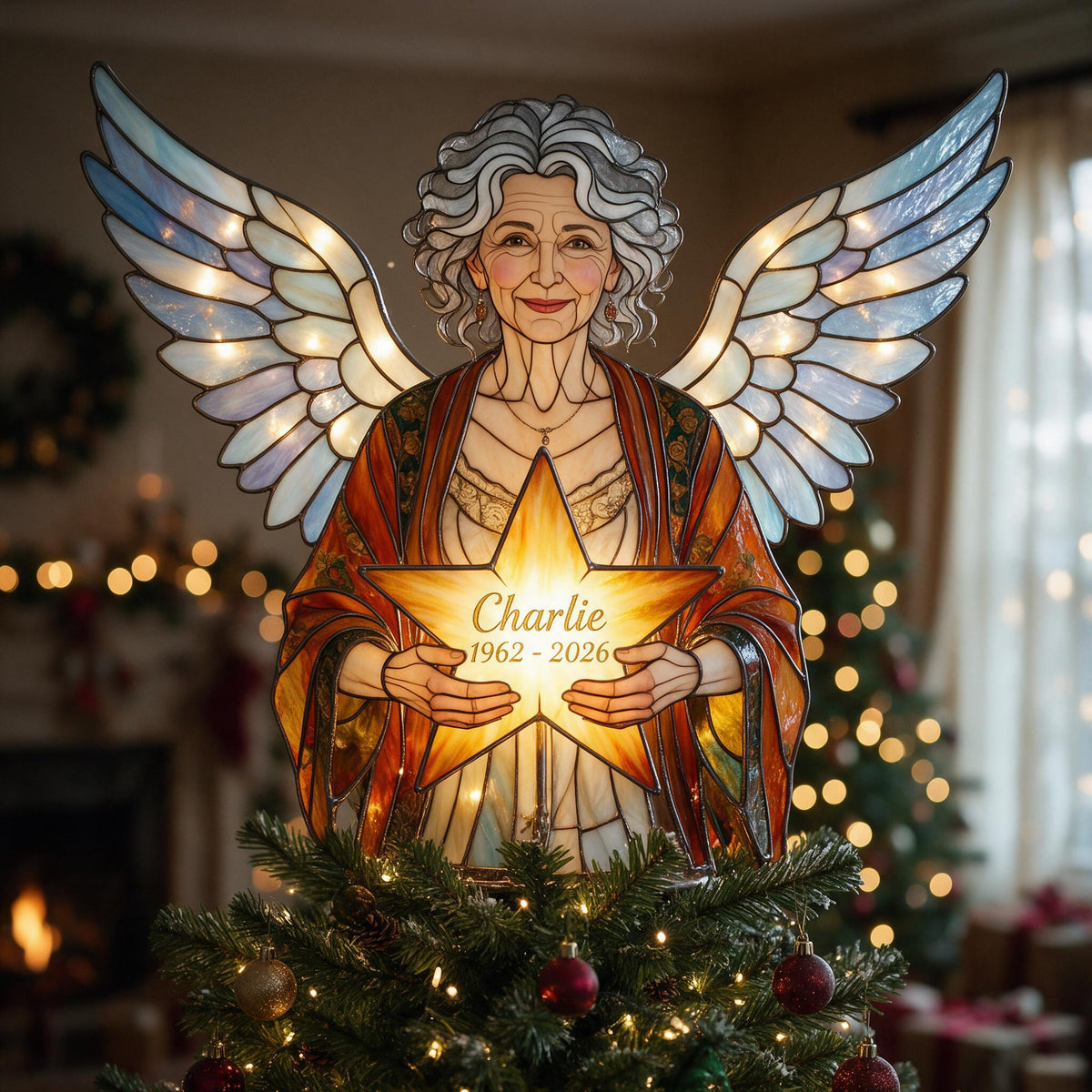 Personalized Latina Grandma Memorial Angel LED Christmas Tree Topper - Stained Glass Style Remembrance Holiday Keepsake Gift