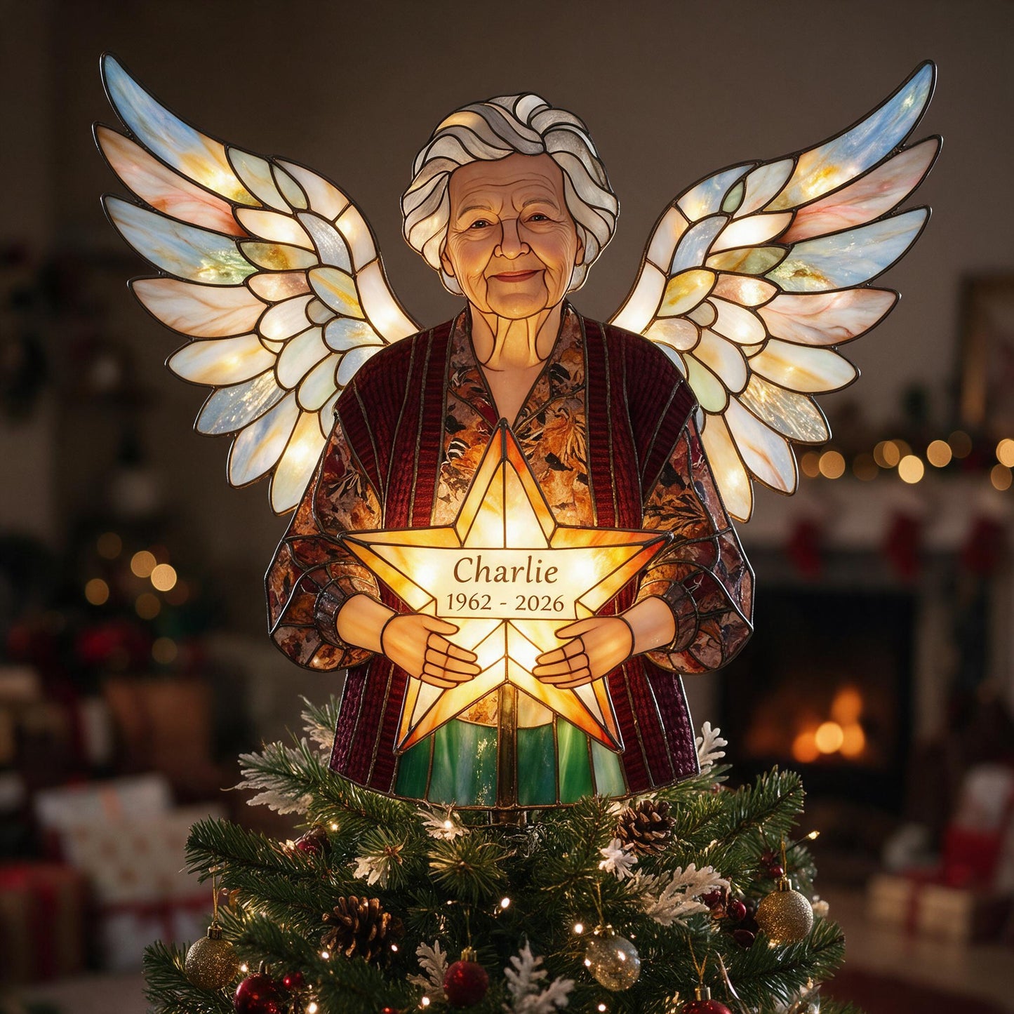 Personalized Grandma Memorial Angel LED Christmas Tree Topper - Stained Glass Remembrance Holiday Decor Gift
