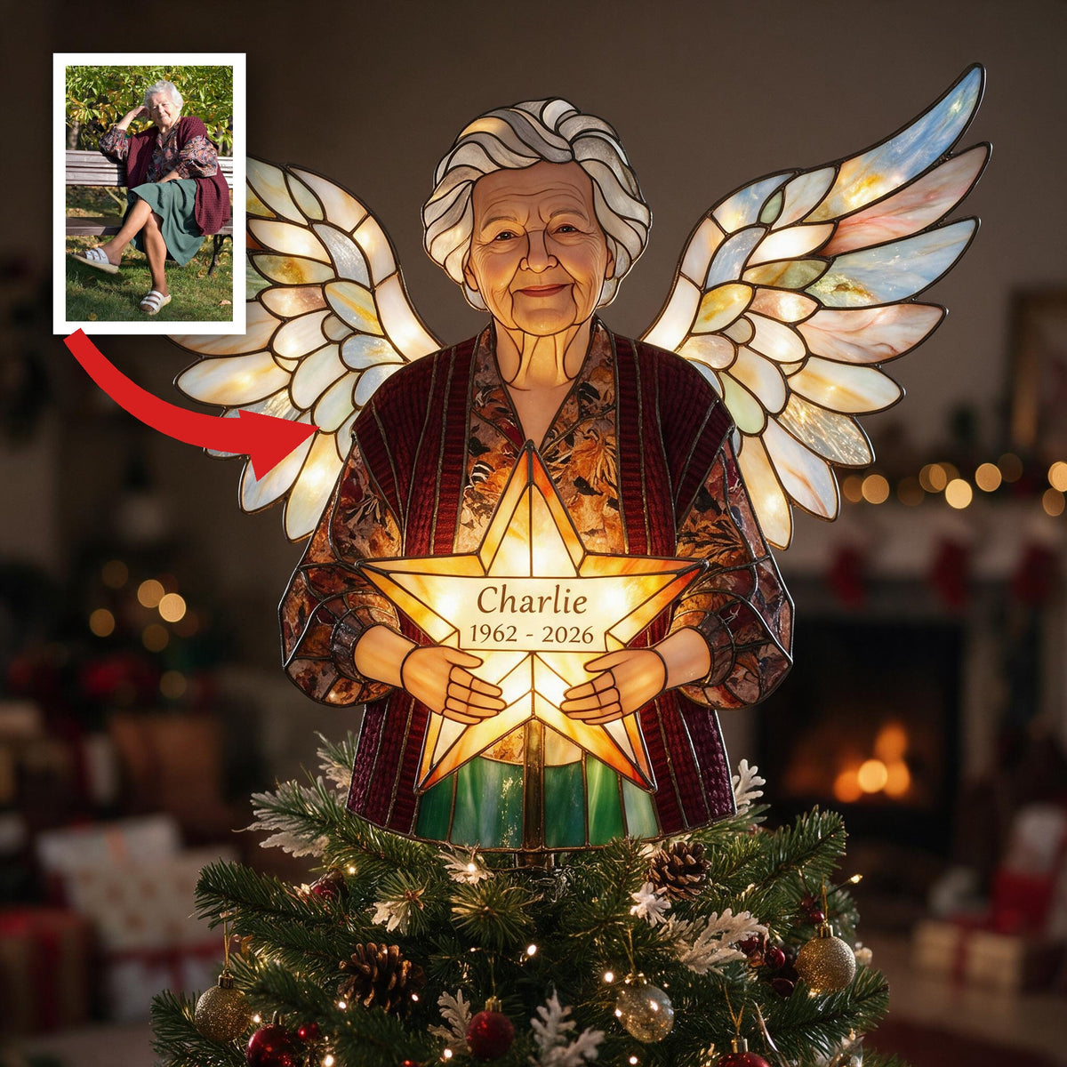 Personalized Grandma Memorial Angel LED Christmas Tree Topper - Stained Glass Remembrance Holiday Decor Gift