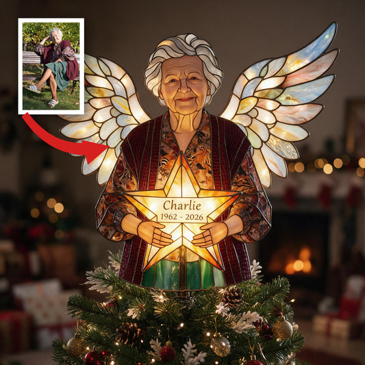 Personalized Grandma Memorial Angel LED Christmas Tree Topper - Stained Glass Remembrance Holiday Decor Gift