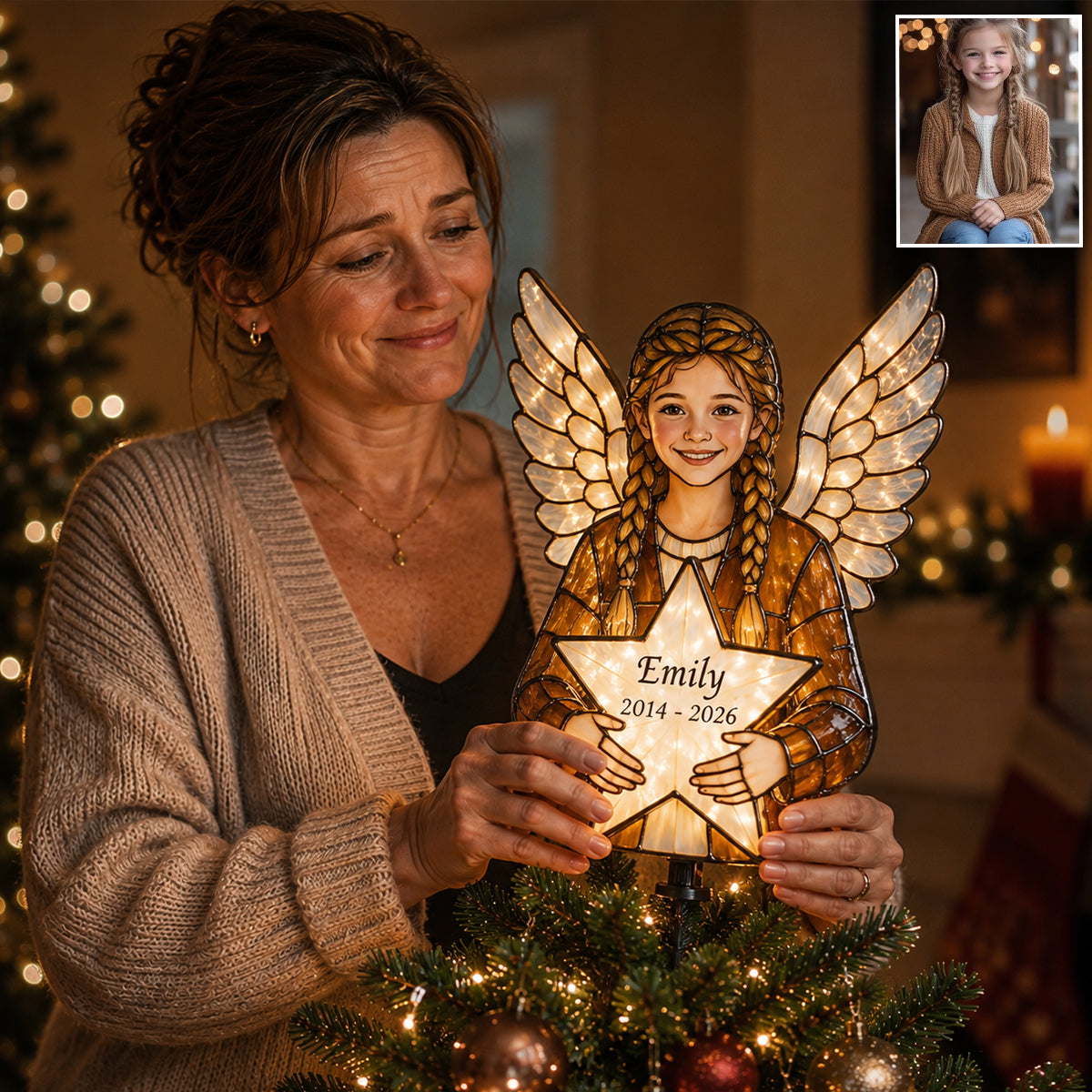 Personalized Black Grandma Memorial Angel LED Christmas Tree Topper Custom Remembrance Holiday Keepsake Gift