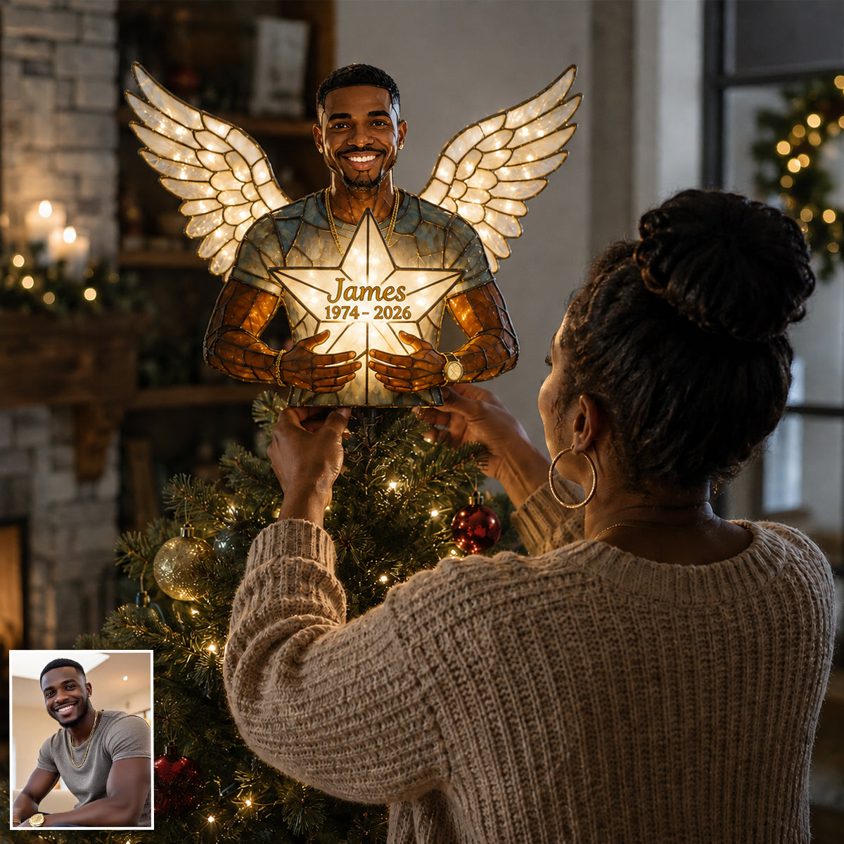 Personalized Black Grandma Memorial Angel LED Christmas Tree Topper Custom Remembrance Holiday Keepsake Gift