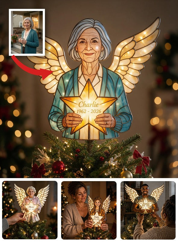 Personalized Mom Angel Memorial LED Christmas Tree Topper, Stained Glass Style Remembrance Holiday Decor Gift