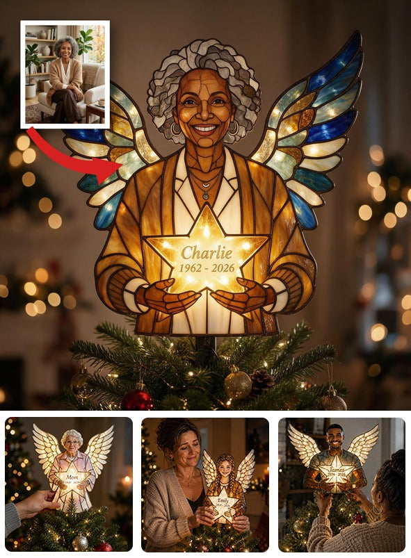 Personalized Beloved Black Mom Memorial Angel LED Light Christmas Tree Topper, Stained Glass Remembrance Holiday Decor