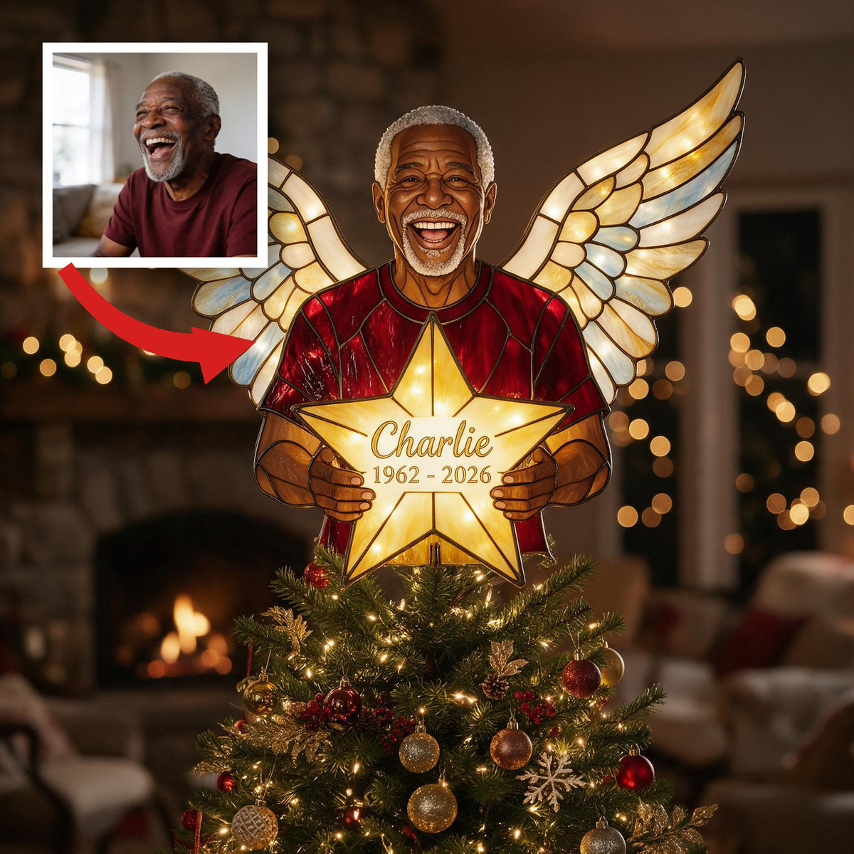 Personalized Latina Grandpa Memorial Angel LED Christmas Tree Topper, Custom Remembrance Holiday Keepsake Gift