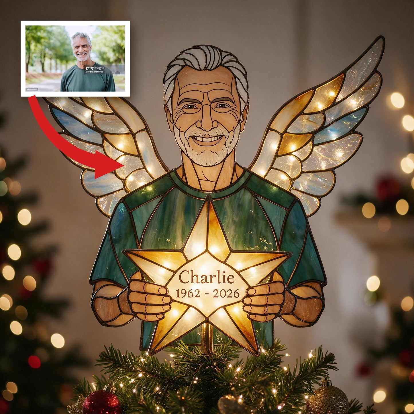 Personalized Grandpa Angel Memorial LED Christmas Tree Topper, Custom Remembrance Holiday Keepsake