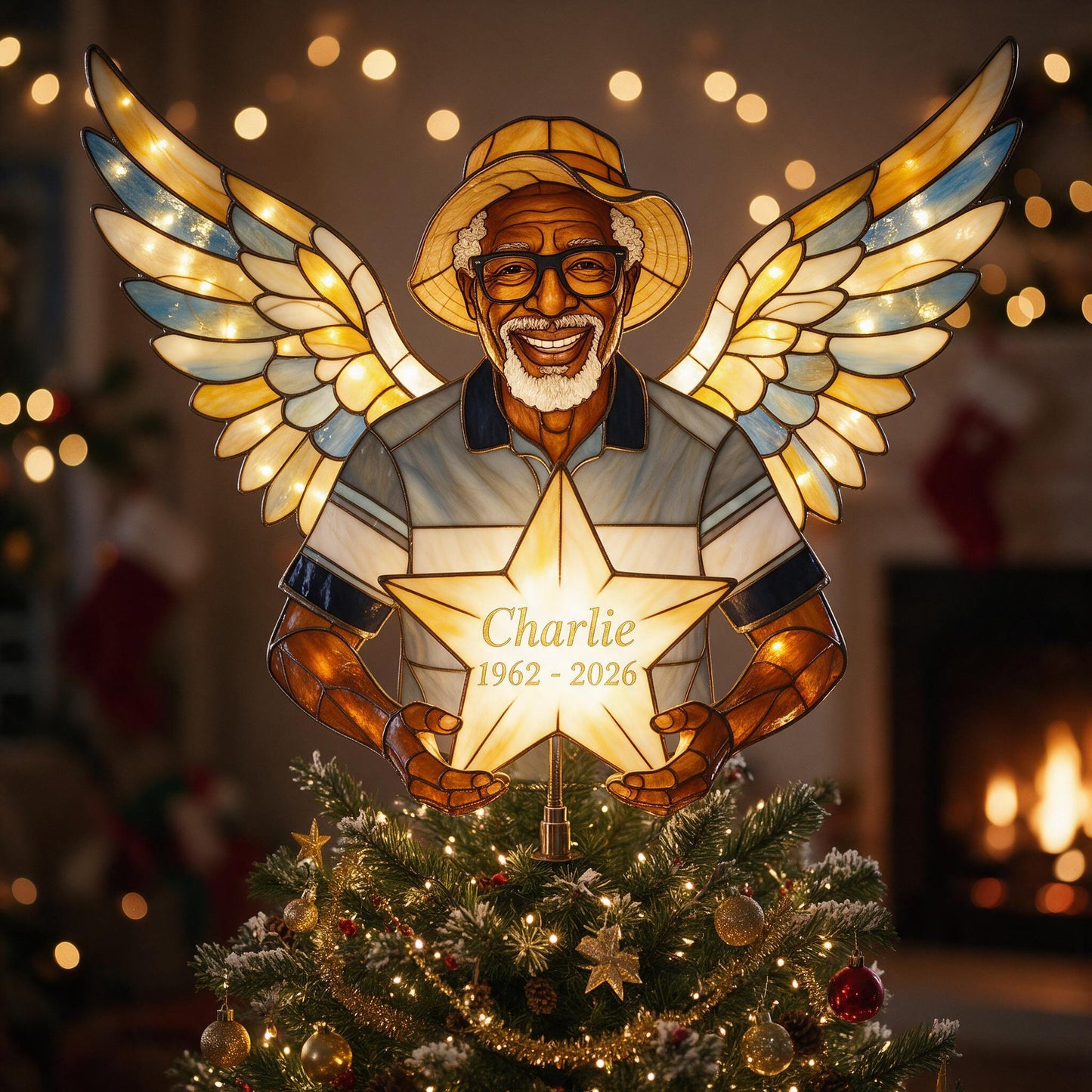 Personalized Black Grandpa Memorial Angel LED Light Christmas Tree Topper, Custom Remembrance Holiday Keepsake Decor