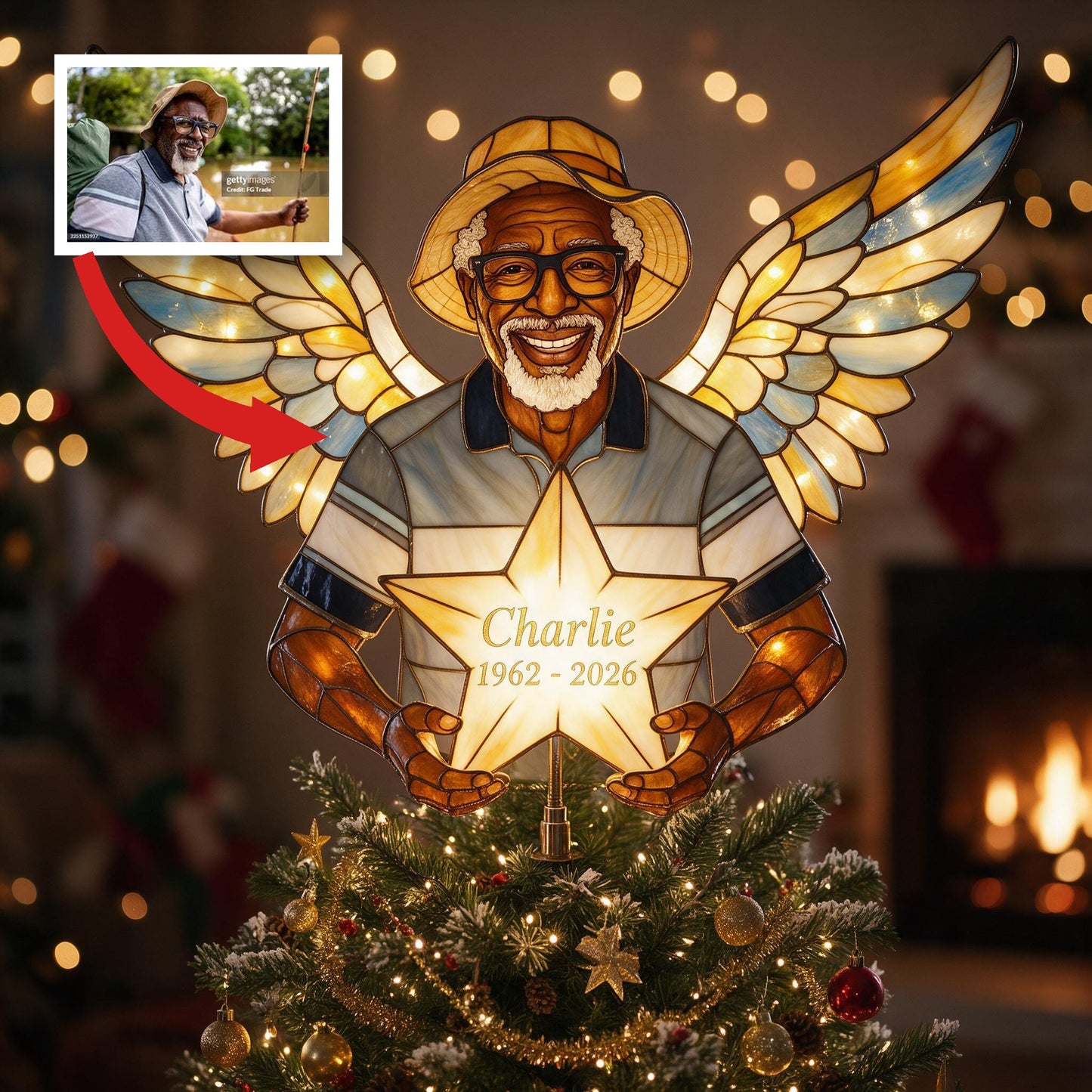 Personalized Black Grandpa Memorial Angel LED Light Christmas Tree Topper, Custom Remembrance Holiday Keepsake Decor