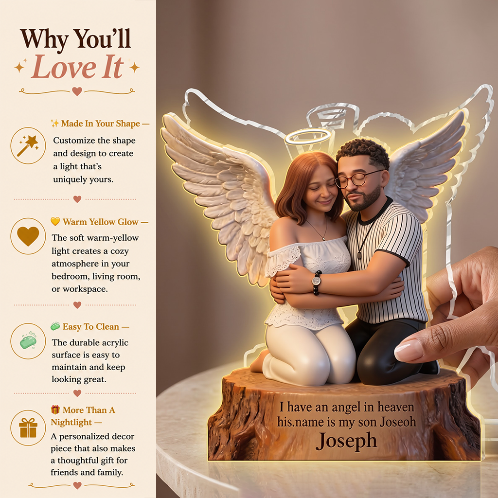 Personalized Memorial Acrylic LED Night Light - Guardian Angel Father Hugging Child Heaven Remembrance Sympathy Gift