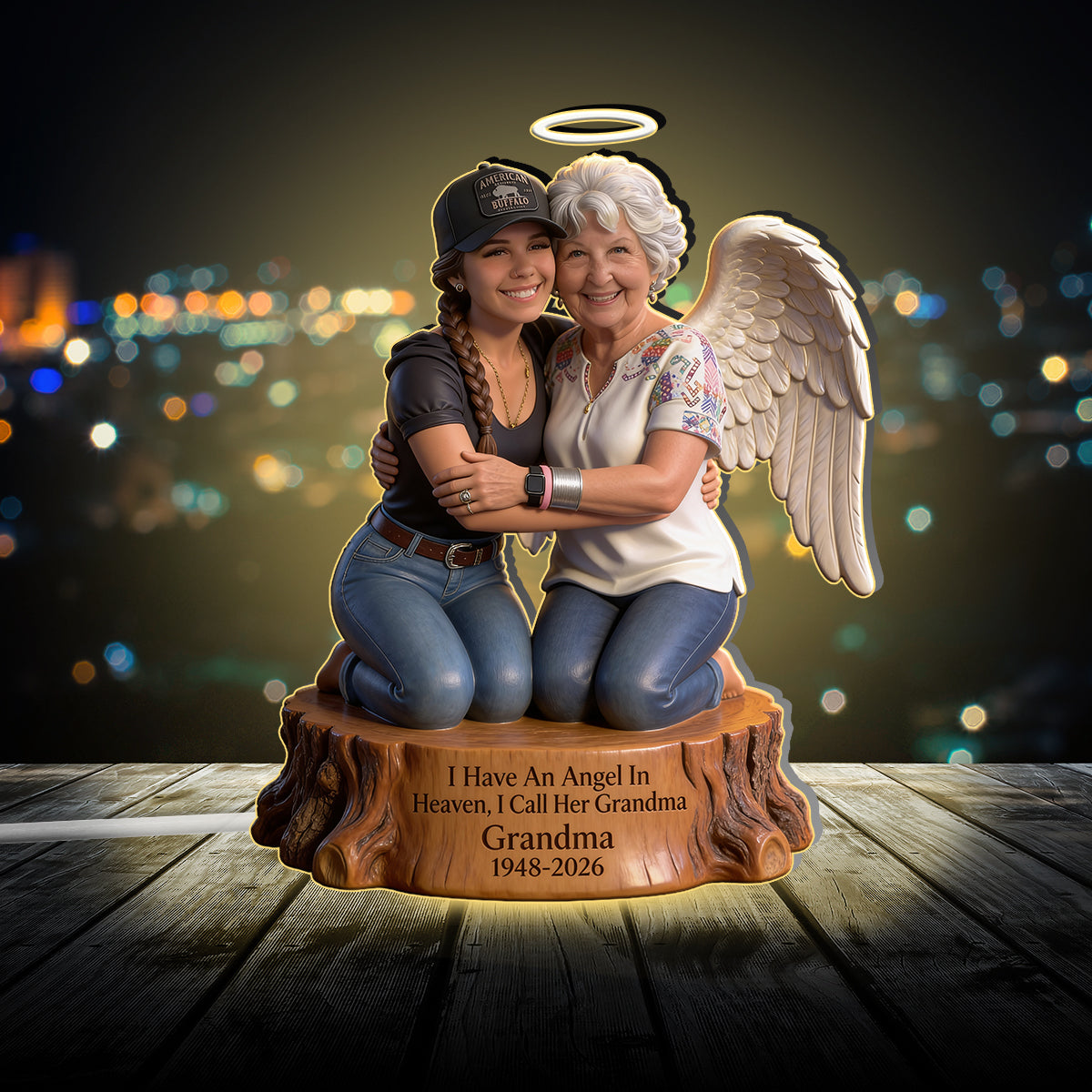 Personalized Memorial Acrylic LED Night Light - Guardian Angel Father Hugging Child Heaven Remembrance Sympathy Gift