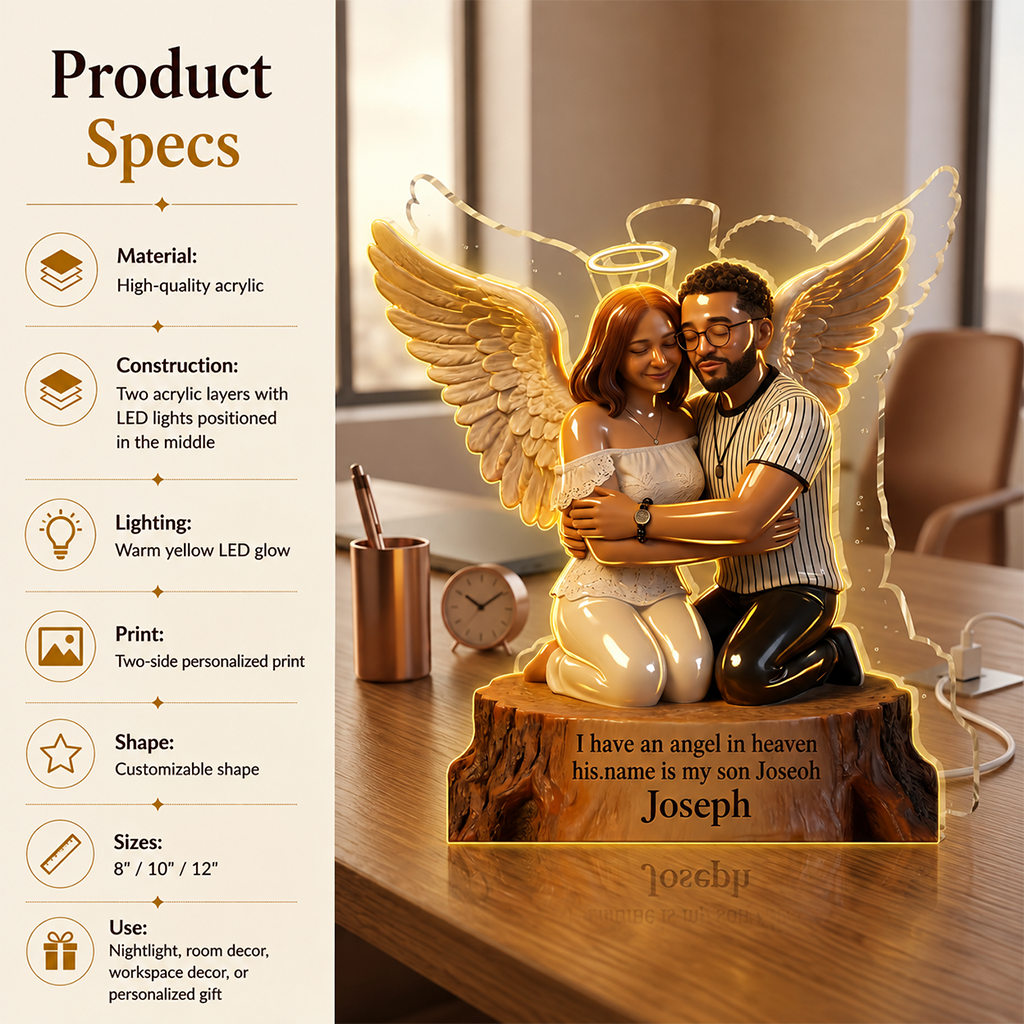 Personalized Memorial Acrylic LED Night Light - Guardian Angel Father Hugging Child Heaven Remembrance Sympathy Gift