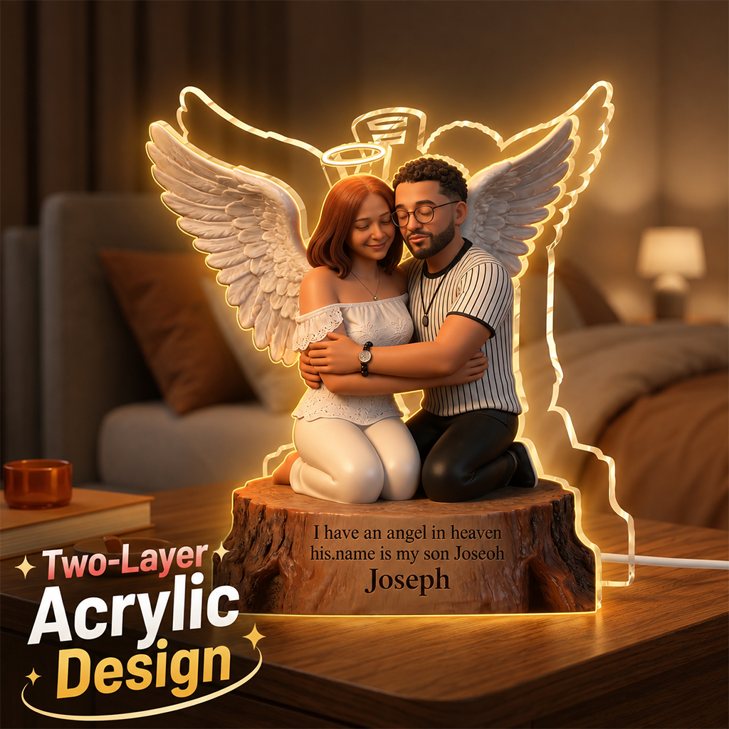 Personalized Memorial Acrylic LED Night Light - Guardian Angel Father Hugging Child Heaven Remembrance Sympathy Gift
