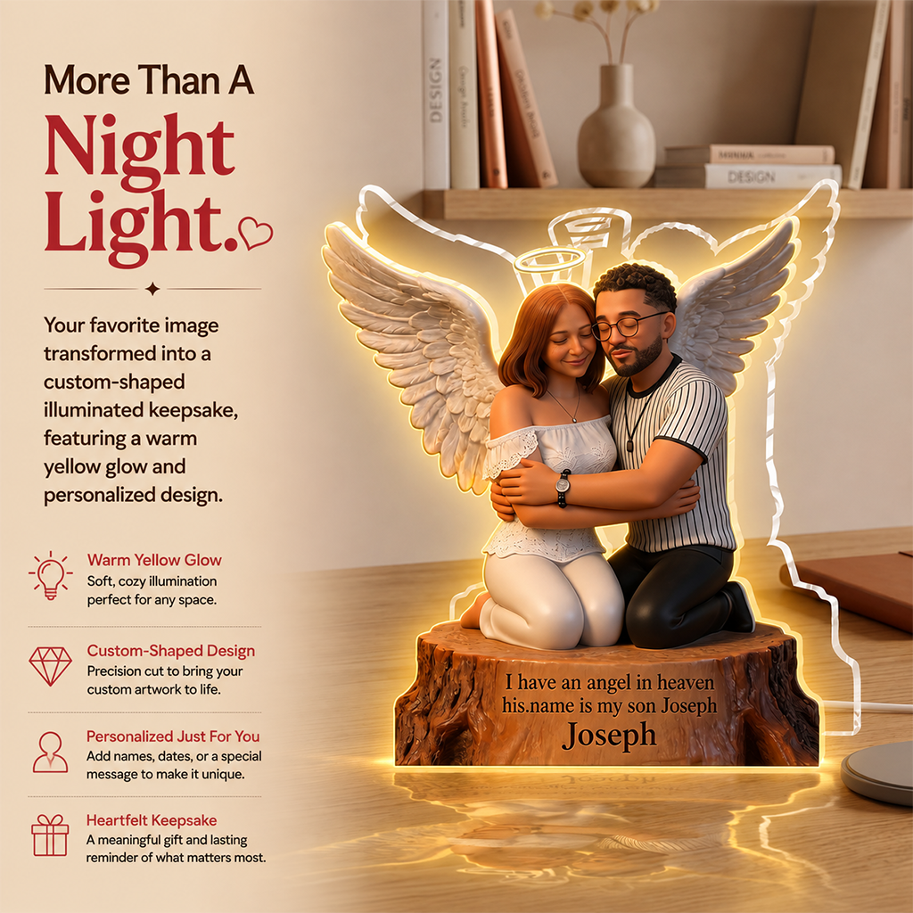 Personalized Hugging Black Angel Memorial Acrylic LED Night Light - Custom Sympathy Remembrance Keepsake Home Decor Gift