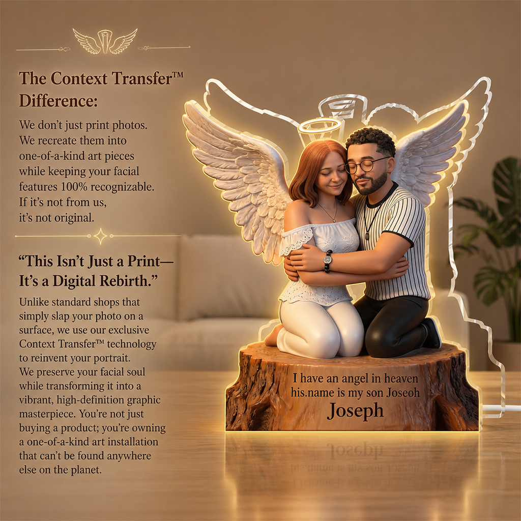 Personalized Hugging Black Angel Memorial Acrylic LED Night Light - Custom Sympathy Remembrance Keepsake Home Decor Gift