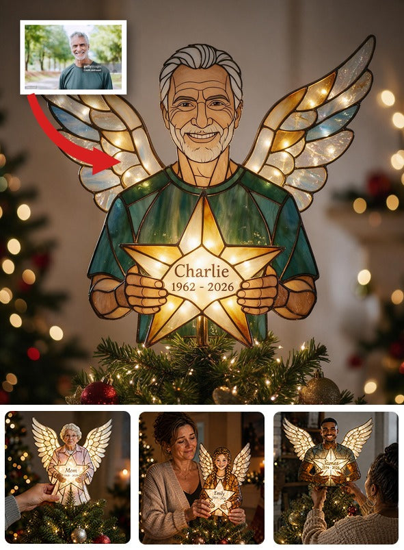 Personalized Grandpa Angel Memorial LED Christmas Tree Topper, Custom Remembrance Holiday Keepsake