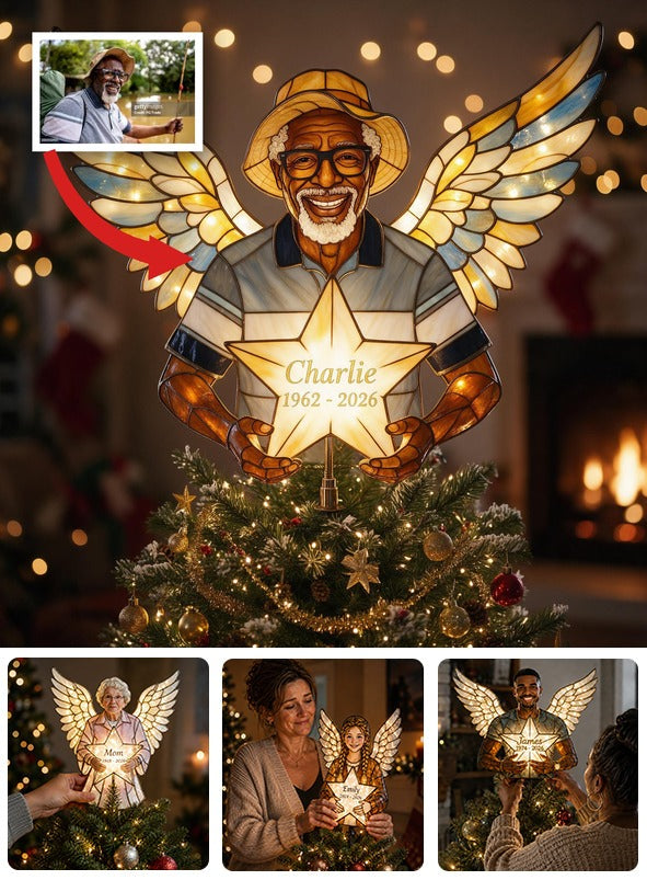 Personalized Black Grandpa Memorial Angel LED Light Christmas Tree Topper, Custom Remembrance Holiday Keepsake Decor