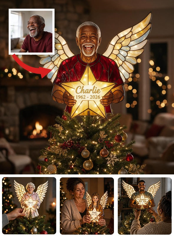 Personalized Latina Grandpa Memorial Angel LED Christmas Tree Topper, Custom Remembrance Holiday Keepsake Gift