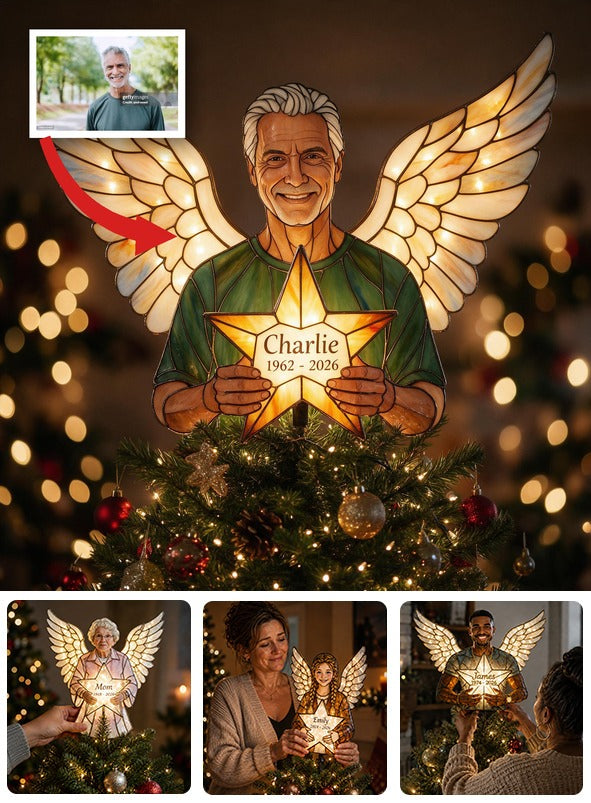 Personalized Memorial Dad Angel LED Christmas Tree Topper - Custom Holiday Bereavement Remembrance Keepsake Gift