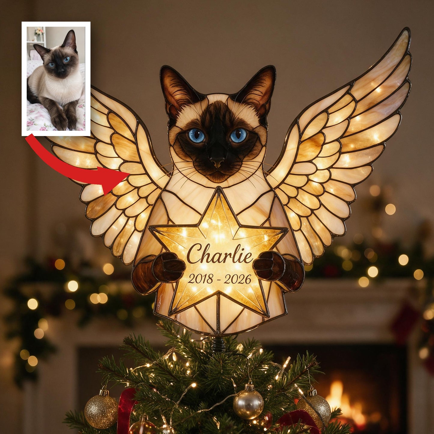 Personalized Memorial Siamese Cat Angel LED Christmas Tree Topper Custom Pet Remembrance Holiday Decor
