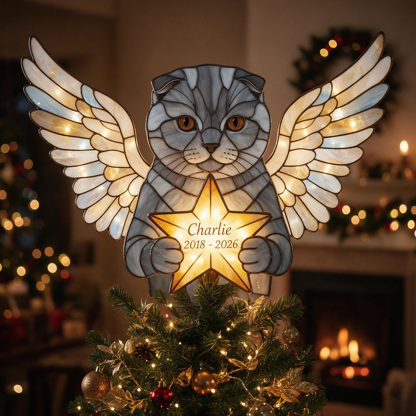 Personalized Grey British Shorthair Angel Cat Memorial LED Christmas Tree Topper Holiday Remembrance Gift