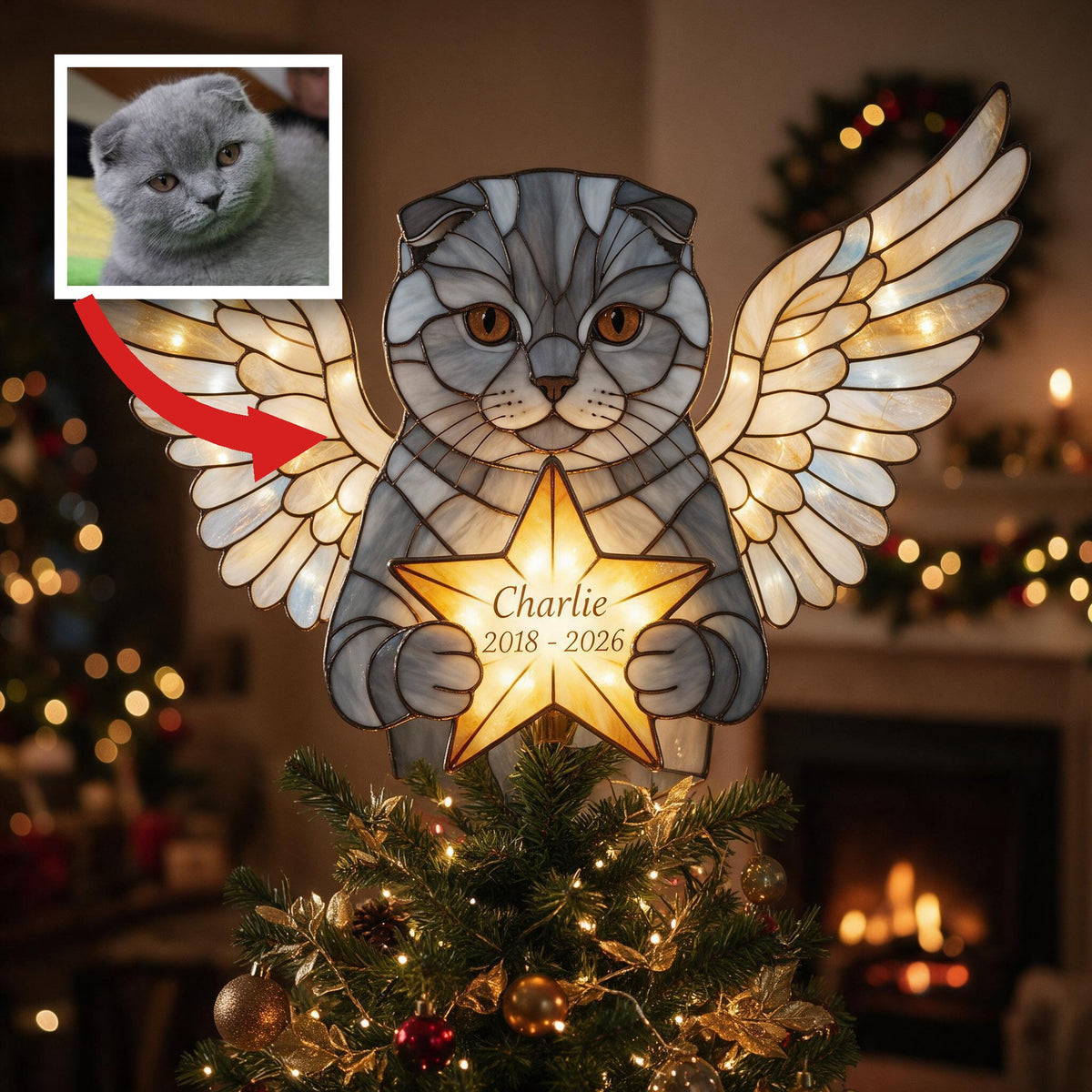 Personalized Grey British Shorthair Angel Cat Memorial LED Christmas Tree Topper Holiday Remembrance Gift
