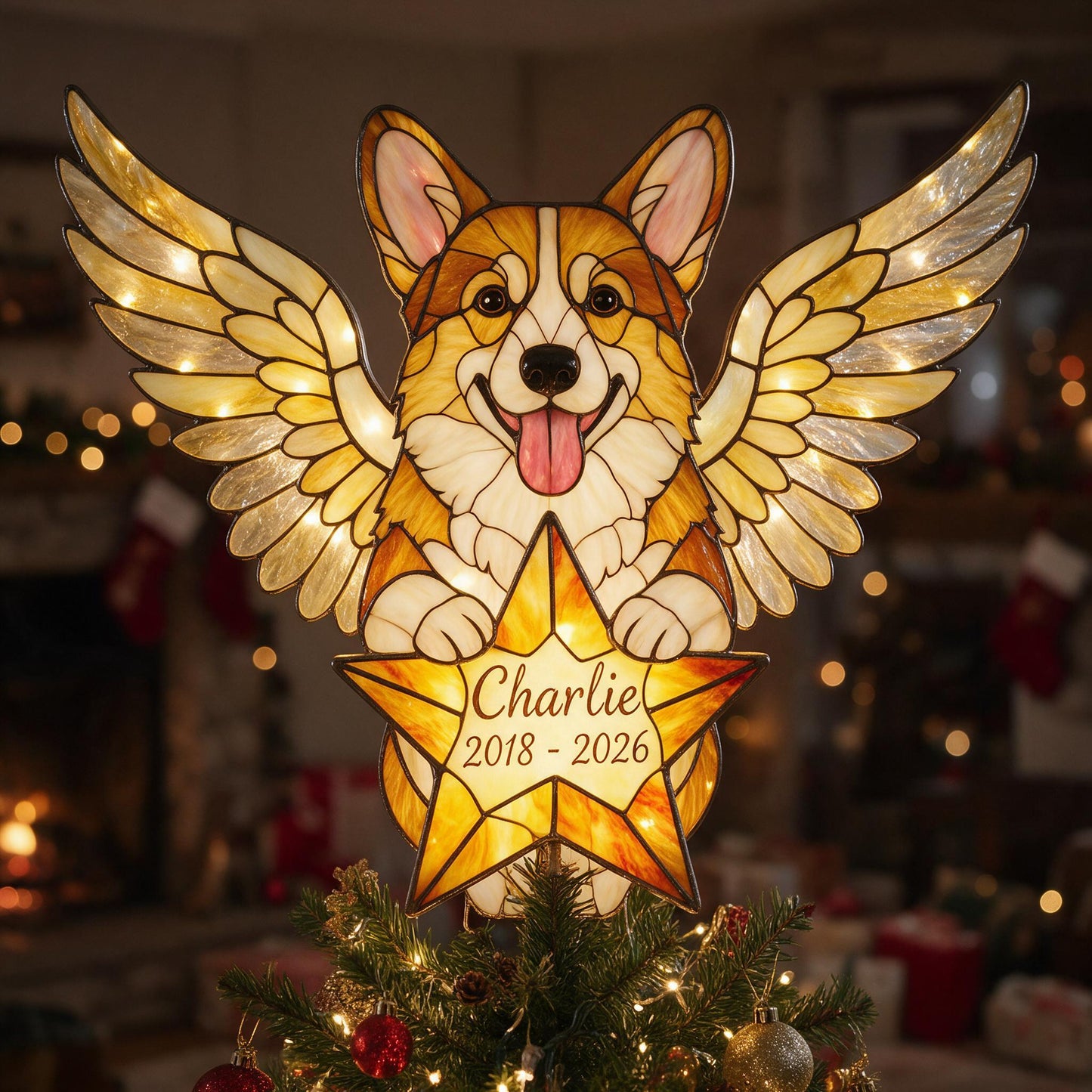 Personalized Welsh Corgi Angel Memorial LED Christmas Tree Topper, Stained Glass Pet Remembrance Holiday Decor