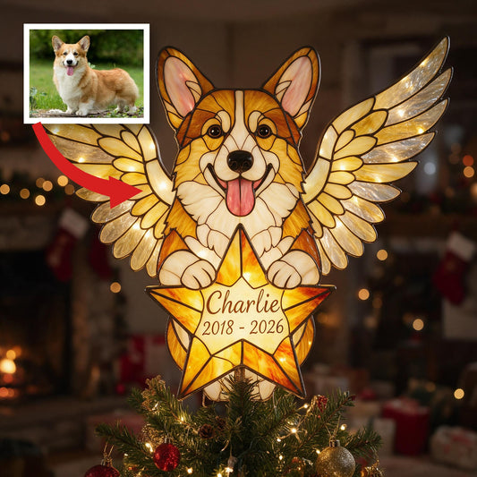 Personalized Welsh Corgi Angel Memorial LED Christmas Tree Topper, Stained Glass Pet Remembrance Holiday Decor