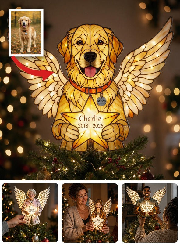 Personalized Angel Golden Retriever Memorial LED Christmas Tree Topper Custom Pet Remembrance Holiday Decor Gift