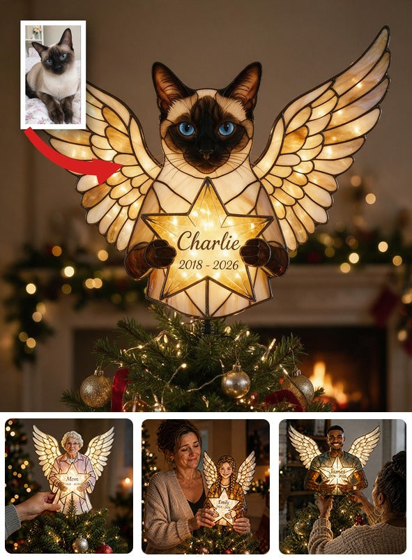 Personalized Memorial Siamese Cat Angel LED Christmas Tree Topper Custom Pet Remembrance Holiday Decor