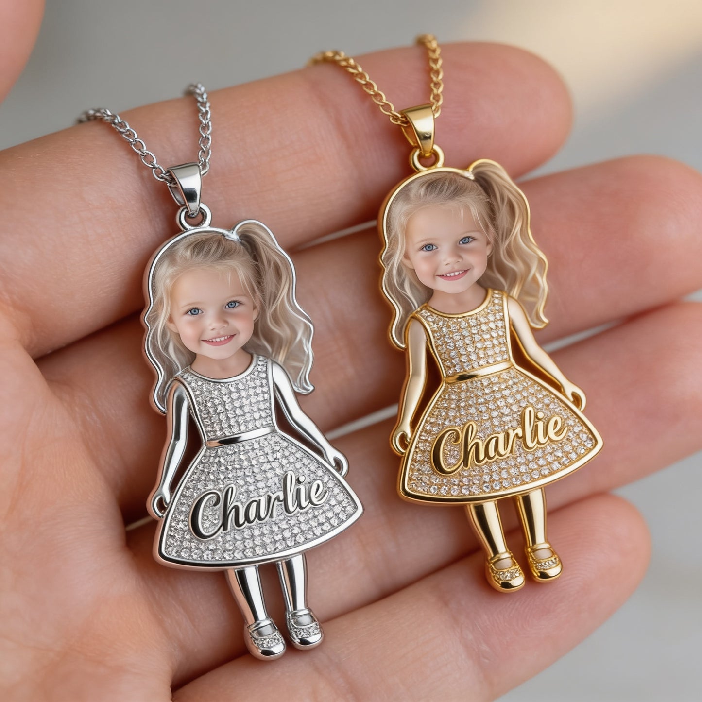 Custom 3D Kid Shaped Rhinestone Inlaid Pendant Necklace Personalized Photo Name Keepsake Gift for 3 Year Old Girl Kid