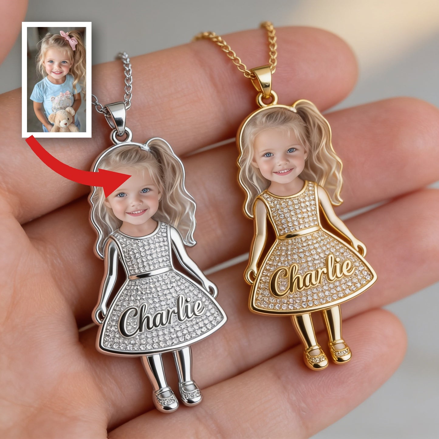Custom 3D Kid Shaped Rhinestone Inlaid Pendant Necklace Personalized Photo Name Keepsake Gift for 3 Year Old Girl Kid