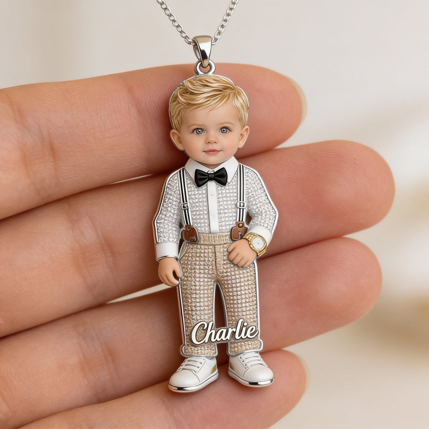 Personalized 2 Year Old Boy Kid Photo Shaped Metal Pendant Necklace, Custom Child Portrait Sentimental Keepsake Jewelry Gift